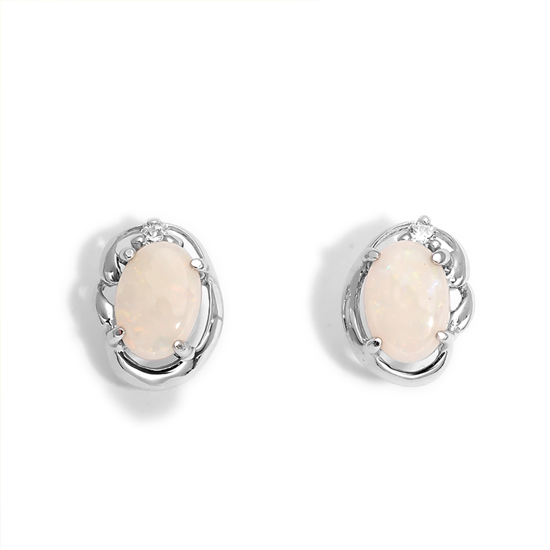 【澳洲仓】Wellington Jeweller  SEW-028-OS 925纯银电镀18K白金耳环 澳大利亚天然澳宝＋锆石，澳宝石二颗7x5mm