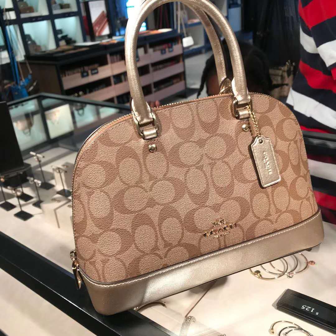 美国直邮 Coach金色边拼卡其色小贝壳