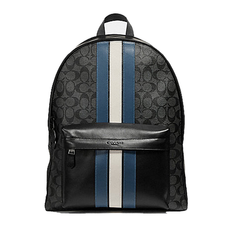 美国直邮 COACH/蔻驰 奢侈品 男包休闲时尚旅行背包双肩包 F26066 炭灰色白蓝条
