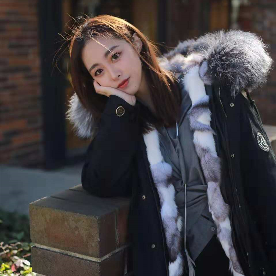 【中国仓】【中国发货】OZLANA AU 时尚皮草大衣 AU182021/AU182021-1 黑+银色狐狸毛（20个工作日发货）