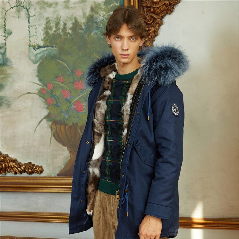 【中国仓】【中国发货】OZLANA AU 时尚皮草大衣 AU182086-1 海军蓝+银色狐狸毛