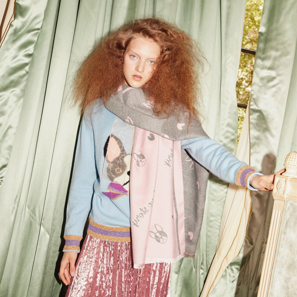 【中国仓】【中国发货】OZLANA AU AU183004 Bowtie啵啵狗爱心羊毛双面围巾 披肩 60CM*200CM