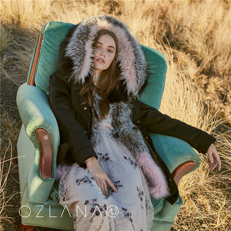 【中国仓】【中国发货】OZLANA AU 时尚皮草大衣 AU182031 黑+粉段色狐狸毛（20个工作日发货）