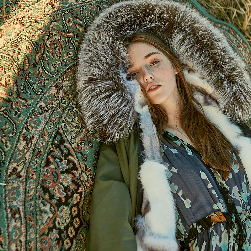 【中国仓】【中国发货】OZLANA AU 时尚皮草大衣 AU182004/AU182004-1 绿+银色狐狸毛（20个工作日发货）