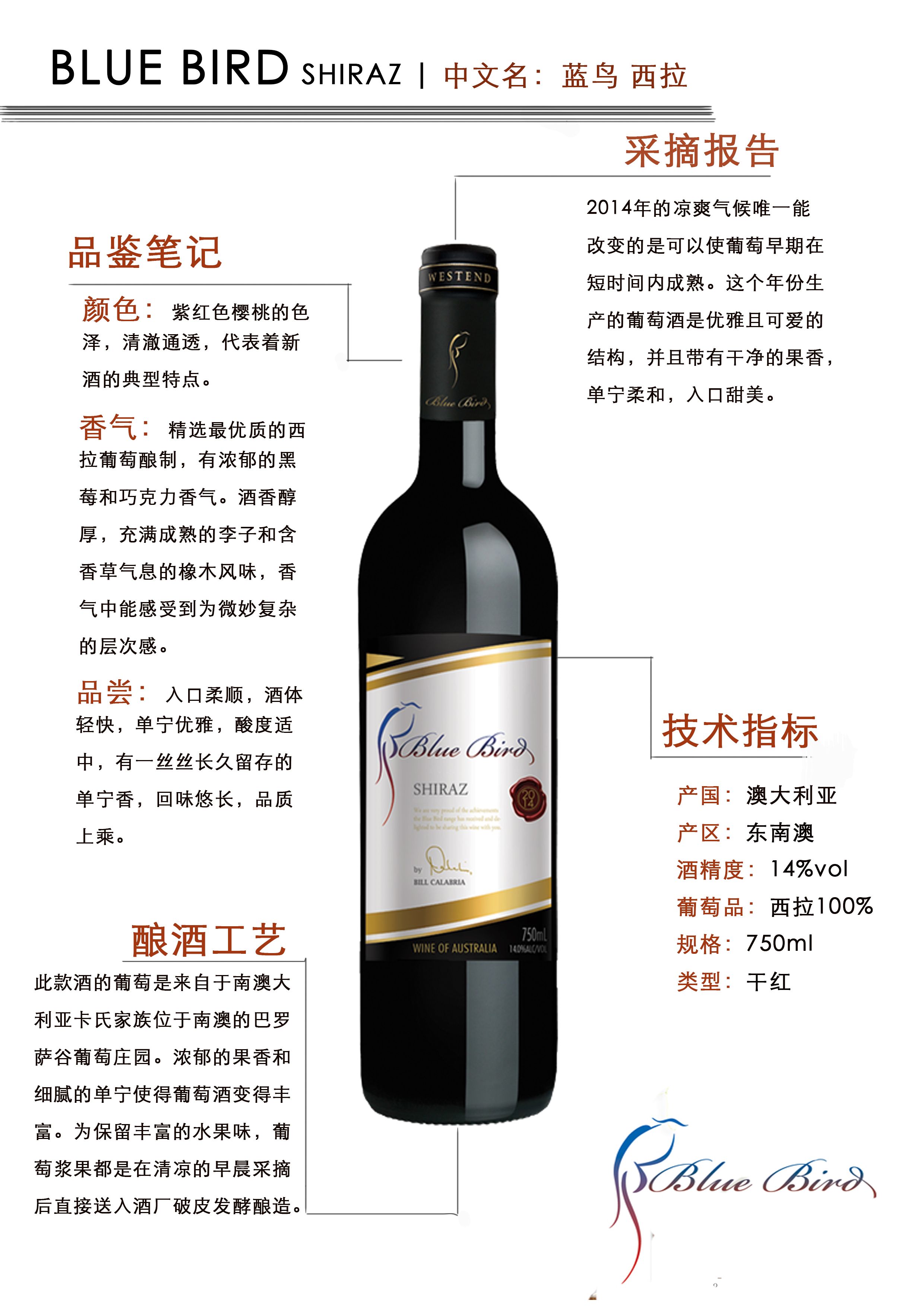 【中国仓】卡拉布里亚家族酒业 蓝鸟（Blue Bird）西拉（全国EMS包邮）