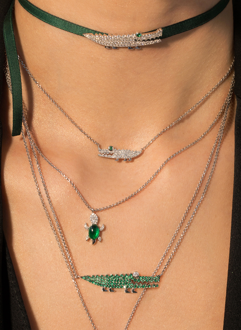 【澳洲仓】apm monaco ac3895xkg 银镶薄荷绿晶钻小鳄鱼造型项链锁骨
